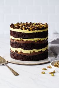 Talk about impressive! Dark Chocolate Pistachio Naked Layer Cake Recipe