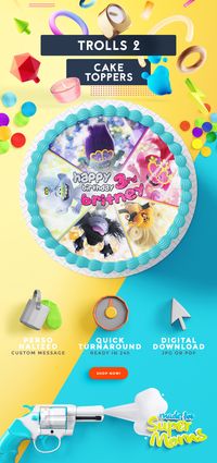 Printable and personalized Trolls 2 Edible Cake Toppers Image. Check our Trolls World Tour birthday party ideas, favors, decorations, and everything for Trolls kids' birthday party.   #trolls #trollsworldtour #Trollsbirthday #trollscrafts #trollsparty  #caketoppers #personalized #printables #toppers #birthdaydecorations #cake  #birthday #trollsdecorations