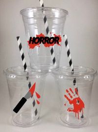 **** DISPOSABLE Horror Party Cups ***— Comes just as pictured- or you can customize colors for FreeWITH lids & matching strawsThe cups are decaled with professional-grade, top quality VINYL. It is waterproof! Each decal is hand placed on the cup. They are hand made with lots of labor and love :) Cups are available in sets of 4, 8, 12, or 16Available personalized or not (just with regular decals)*Personalization can include names or a short messageThe perfect addition to your themed party!Adorabl