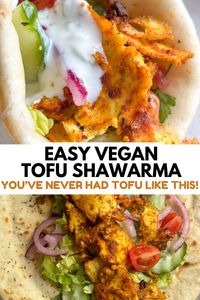 Delicious vegan shawarma wrap with shredded tofu! This easy tofu shawarma bowl is a sheet pan recipe served with hummus, flatbreads, and lots of fresh salad. The perfect vegan alternative to a chicken shawarma bowl or wrap.