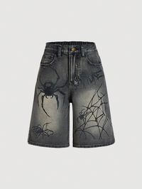 Denim longos e folgados de ganga deslavada com impressão de letras de aranha estilo retrô envelhecido, tendência punk para meninas pré-adolescentes no Halloween. Roupas de outono para meninas pré-adolescentes, looks de volta às aulas. Preto    Jeans Animal,Plantas,Estampa total Perna reta Não elástico  Tween Girls Clothing, size features are:Bust: ,Length: ,Sleeve Length: