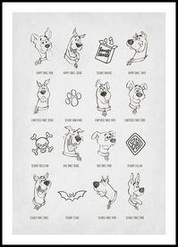 Scooby-Doo™ sketch poster in grey and black with illustrations of Scooby-Doo reflecting his moods and character.  The poster has a printed white margin that frames the design.  Contains a small legal line in the bottom left corner.