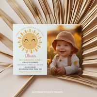 ♥ FIND MATCHING 1st Trip Around The Sun Birthday Invite HERE: https://www.etsy.com/shop/GooberStudioPrints?ref=profile_header&search_query=S018   This Sunshine Birthday Invitation is a great way to invite your guests and to save money by editing and printing the files yourself! Or send them as an evite by emailing or texting your guests!  There is no software to download, you can edit in your web browser. Once you place an order you will receive an email from Corjl to access your editable templa