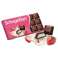 The Schogetten yoghurt strawberry an irresistible taste trio. Milk chocolate with yoghurt and strawberry cream filling . Product of Germany Heat sensitive product