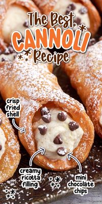 Enjoy a true Italian cannoli without even leaving the house. The outer shell is deep fried to a crisp and filled with a sweet ,creamy ricotta mixture. Dusted with powdered sugar and sprinkle with mini chocolate chips.