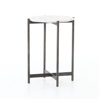 Opposites do tend to attract. A leggy base in raw brass-finished aluminum plays up a refined, precisely shaped white marble top. Table Base Color: Black Birch Lane™ Runi Marble End Table - End Tables in Black