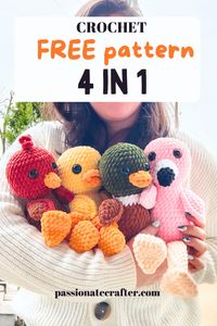 Free crochet pattern for low-sew amigurumi birds. Meet the duck, rooster, flamingo and a mallard. 4 birds with 1 pattern. Free, quick birds amigurumi. Plushie toys with velvet yarn. Easy step-by-step instructions for stuffed toys.