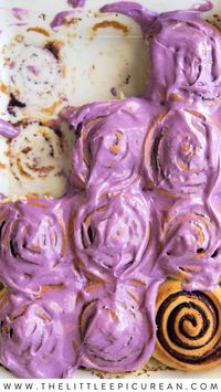 Soft and fluffy ube bread rolls filled with ube halaya and frosted with sweet cream cheese. This is a colorful, exciting, and intriguing cinnamon roll variation! An easy Filipino food idea.