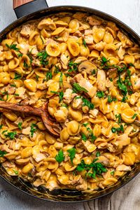 This French Onion Pasta is made with roasted chicken, caramelized onions, sauteed mushrooms, and tender pasta, all coated in a rich, cheesy cream sauce. This pasta is pure comfort in every bite!