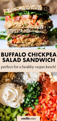 This Buffalo Chickpea Salad Sandwich is a great vegan lunch to pack! It's full of vegetables, beans and grains to keep you satisfied.