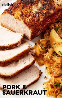 Pork and sauerkraut is the slightly fancier way to do brats and kraut. Get the recipe at Delish.com. #pork #tenderloin #sauerkraut #recipes #easy #dinner #oven #withapples #dishes