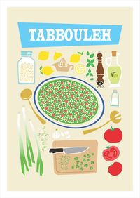 This item illustrates a traditional Lebanese Tabbouleh Salad recipe. Healthy, fresh and vegan, it is made with bulgur, parsley, mint and chopped vegetables. This can be a treat to yourself or a gift to someone else, catching the eye when placed on a wall.