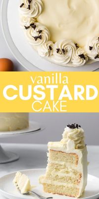 This Vanilla Custard Cake consists of layers of fluffy vanilla cake filled with German buttercream frosting (custard buttercream) and homemade pastry cream filling (custard filling for cake). The custard filling recipe is also used to make the German custard buttercream. The custard cake filling makes this easy vanilla cake into a delicious dessert. This tasty baking recipe is a real crowd pleaser and perfect for custard lovers.