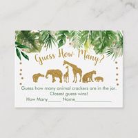 This adorable Guess How Many game is a great way to kick off the fun at your Baby Shower & guaranteed to be a huge hit! Simply set these cards next to a jar or baby bottle filled with animal crackers. Guests enter their name & guess on the card. The design has beautiful faux gold glitter safari animals, gold confetti and watercolor leaves.