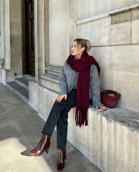 burgundy, accessories, grey sweater, heeled boots, burgundy bag