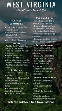 The Ultimate West Virginia Bucket List, read here about 30+ things to do in West Virginia. Click the link for a free travel guide