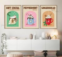 "Hot Chocolate Bar Print Set of 3 - INSTANT DIGITAL DOWNLOAD Art - Christmas Drinks Printable Wall Art - Hot Cocoa Sign Poster - Retro Holiday Prints Get your cocoa station holiday-ready with this set of 3 festive drink printables. Simply download, print and hang in your kitchen or above your coffee/cocoa bar. A pumpkin spice latte version is now available through this link: www.etsy.com/listing/1566000517 Please Note:  - This listing is for an instant digital download, no physical prints will be mailed to you - These designs are my hand drawn illustrations and are for personal use only, commercial use is not permitted - If you have seen a number of individual designs that you like (including designs from other sets), you can create your own custom gallery wall set through the below links: