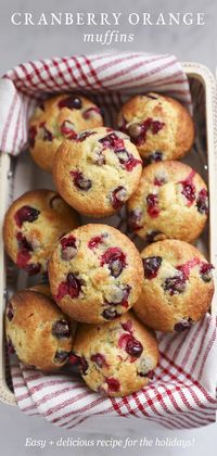 Delicious Cranberry Orange Muffins are a festive and delicious breakfast or snack for the holiday season! They mix together in 10 minutes and have bright and nostalgic Christmas flavors!