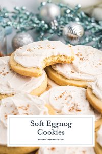 Eggnog Cookies are soft, chewy and and full of holidays flavors. They have eggnog mixed into the cookies and frosting! #christmascookies #holidaycookies #eggnogcookies www.savoryexperiments.com