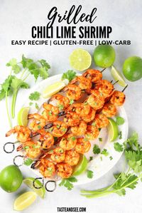 These Grilled Chili Lime Shrimp are a quick, easy, delicious summer cookout recipe! With smoked paprika, chili powder, garlic, lime & honey. #ShrimpTacos #SeafoodTacos #GlutenFree #LowCarb #LowCalorie #Paleo #GrilledShrimp #TasteAndSee