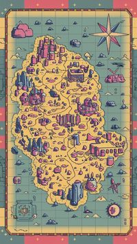 An exquisite hand-drawn map with a distinct gamer aesthetic, featuring a sprawling kingdom with cities, forests, mountains, and dungeons. The map is filled with pixel-art icons, detailed landmarks, and a compass rose in the corner. There's a sense of adventure and exploration, with a nostalgic 90s gaming vibe. The map is surrounded by a vibrant border with retro colors and a grid layout, perfect for navigating the gaming world.