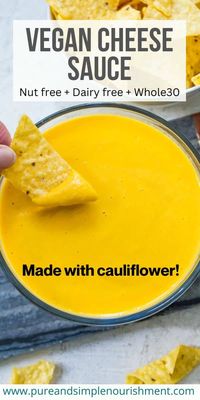 This is the best vegan cheese sauce recipe. It is so easy to make and is nut free and made with cauliflower. It's made with no cashews and uses coconut milk and nutritional yeast instead. This recipe is also dairy free, paleo, Whole30, low calorie, low carb and keto.