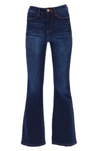 Wide flare legs add retro appeal to these high-waist jeans made from soft stretch denim in a classic dark-blue wash. 31 1/2" inseam; 21" leg opening; 11" front rise; 15" back rise Zip fly with button closure Five-pocket style 90% cotton, 8% polyester, 2% spandex Machine wash, tumble dry Imported