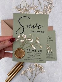 Sage green gypsophila baby's breath wedding save the date with gold wax seal What's included: A6 save the date card A6 kraft brown envelope Materials: 280gsm card linen effect card Dried Gypsophila Sprig Wax seal stamp ----------------------------------------------- HOW TO PLACE AN ORDER ----------------------------------------------- 1. Purchase the quantity needed from this listing. 2. After purchase you will receive an email from us with a form to fill out, here you will give us all of the in