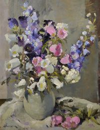 Edward Wesson (1910-1983) British. “Delphinium & Campanula”, oil on board, Signed, 24” x 18”. EST: £800-£1200 (one of seven in the sale).