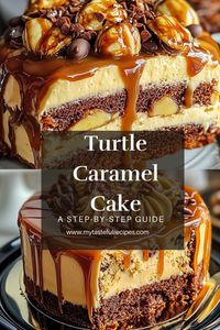 This Turtle Caramel Cake is everything you’ve been dreaming of! A perfect combination of rich caramel, gooey chocolate, and crunchy pecans on top of soft, moist cake. #IndulgentDesserts #TurtleCake #CaramelGoodness