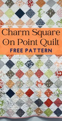 Impress your friends and family with an on point charm quilt this holiday season. This stylish quilt can seem intimidating and hard to do, but with the right steps, it's achievable for quilters of all skill levels. Step-by-step guide through binding. FREE PATTERN. Finished quilt 61.5" x 61.5", perfect size throw for an adult, works up fast. #quiltingpatterns #charmsquarequilt #onpointquilt #onpointquiltpattern #quilting #quiltingofig #charmsquare #charmsquarequilts