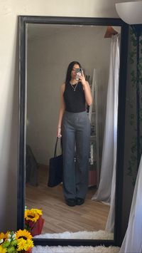 Tailored pants, loafers, black bodysuit, business outfit