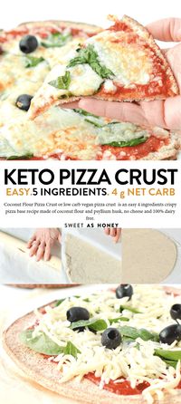 KETO PIZZA CRUST with Coconut Flour 5 ingredients Low carb + vegan + Paleo + Keto. NO cheese, 100% dairy free. #keto #lowcarb #coconutflour #pizza #ketopizza #glutenfreepizza #ketovegan #ketoglutenfree