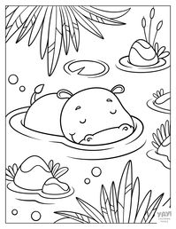 Hippo peeking out of the water. All pages are free to download. You can color on paper, or digitally in Procreate. Hippo coloring pages are perfect for kids. These are a great activity for kids at school, preschool, home, and more. Check out the Yay! Coloring Pages website for more free coloring pages.