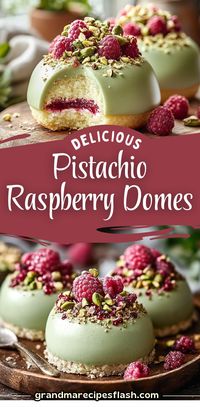 Indulge in the creamy, nutty goodness of Pistachio & Raspberry Cheesecake Domes! These luscious cheesecake domes are filled with a tart raspberry center, glazed with a vibrant green coating, and finished with a touch of edible gold and crushed pistachios. Perfect for any occasion! #PistachioCheesecake #RaspberryDessert #CheesecakeDomes #DessertGoals #NoBakeDessert