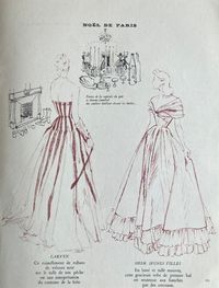 Carven A/H 1947-48, robe en tulle pêche et rubans de velours noir (à droite Heim Jeunes Filles). Illustration de Jean-Claude Harambure.