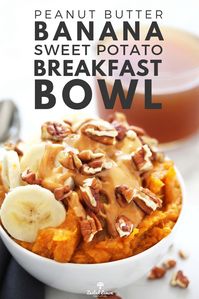 Mashed sweet potatoes with a hint of honey and cinnamon topped with warm peanut butter, crunchy nuts and banana slices makes one epically delicious breakfast bowl. #breakfast #sweetpotato #banana #peanutbutter #recipe | zestedlemon.com