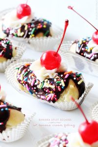 Banana Split Eclairs via Bakers Royale #recipe