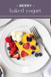 Made with plain yogurt and eggs, and sweetened with maple syrup, this mixed berry baked yogurt is a healthy high-protein breakfast or snack.