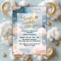 Celebrate the upcoming arrival with a Twinkle Twinkle Little Star gender-neutral baby shower invitation, perfect for any expectant parent. This whimsical design features soft celestial elements like shimmering stars, crescent moons, and gentle clouds, set against a pastel backdrop of muted tones, such as gold, silver, soft gray, and light blue or pink. The invitation is customizable, allowing you to personalize all the essential details, making it ideal for welcoming a baby boy, girl, or a surprise. The elegant and dreamy theme creates a sense of magic, perfect for a memorable baby shower event.