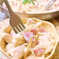 Creamy and cheesy, this pasta will not disappoint. It is a play on Chicken Cordon Bleu and a great way to use up leftover ham and turkey also.