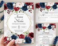 Burgundy and Navy Blue Wedding Invitation Template Suite | Etsy