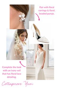 The Yuri Gown's floral embellishments and scalloped lace are perfect for a Cottagecore bridal style! This look is all about soft romance! Continue the floral theme of the gown with floral earrings and pumps with floral embellishments. Complete the look with an ivory veil that has floral lace detailing for a soft, feminine, romantic wedding day look! Check out our other styling boards, or visit our website Lookbooks for more wedding style inspiration!