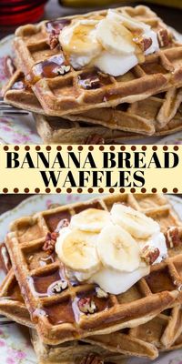 Banana bread waffles are fluffy and soft with big banana bread flavor. They have a hint of cinnamon and brown sugar, and taste delicious drenched in maple syrup. #bananabread #waffles #bananas #breakfast #recipes #easy bananabreadwaffles