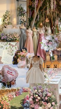 A vibrant vision board with a spring/summer palette, pastels, delicate stationery, florals, mismatched bridesmaid dresses, bridgerton-inspired details for your colorful spring wedding.