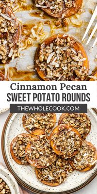 These baked sweet potato slices capture the rich flavor of a sweet potato casserole but they’re healthier and refined sugar free. Topped with an easy cinnamon pecan crumble!