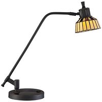 A traditional LED pharmacy desk lamp in a dark bronze finish with an art glass shade and on/off switch on the base.