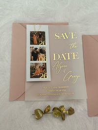 Announce your special day in style with our custom "Photo Strip Save the Date" cards! Available in two popular sizes--4 x 6 inch or 5 x 7 inch--these elegant cards are the perfect way to capture the spirit of your wedding. Each card features a strip with 2-3 photos of your choice, beautifully designed on either vellum or cardstock (in a color of your choice) to match your wedding theme. Whether you're going for a modern, rustic, or classic look, these Save the Dates offer a unique and personaliz