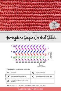 Herringbone Single Crochet Stitch is an elegant, highly textured stitch. It creates a horizontal chevron effect in the fabric, and almost mimics a knitting design. #aabharcreations #crochetwithaabhar #crochetstitch #crochetlover #howtocrochet #crochetpattern #crocheteveryday #crochet #crochetdesign #yarnaddict #instacrochet #haken #freepattern #freecrochetpattern #videotutorial #crochetchart