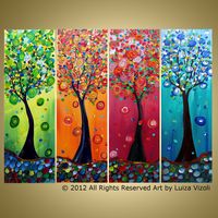 ORIGINAL Art Painting Whimsical SEASONS Trees Large Multi